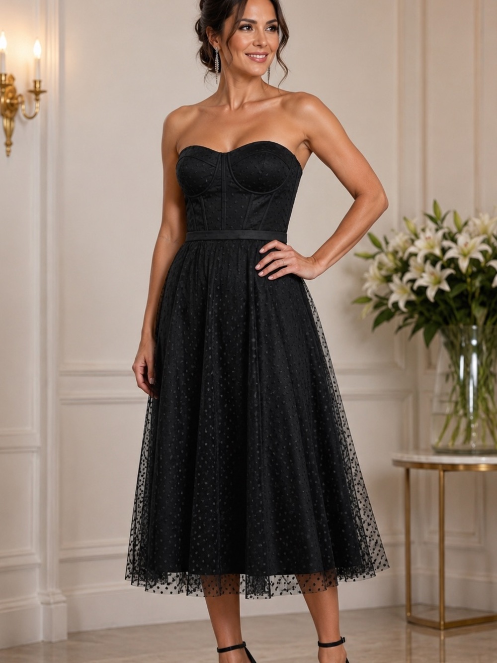 NWT Strapless Black Midi Dress Elegant Evening Dress
